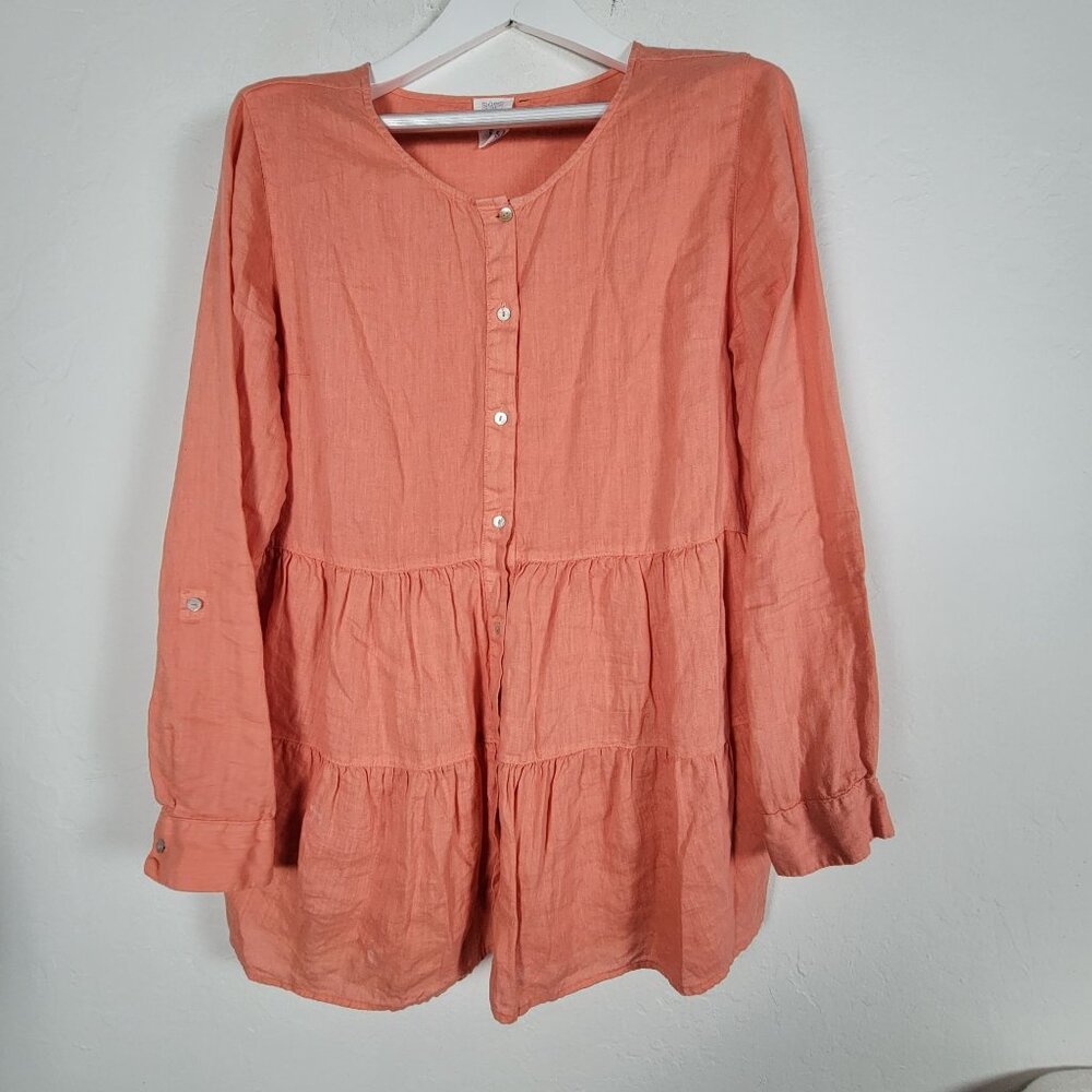 Sigrid Olsen Womens Coral Tiered Button Front Linen Tunic Top Large Roll-Sleeve